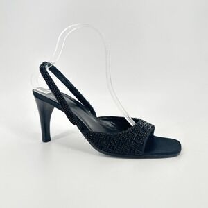 Gucci Tom Ford 90s Black Satin Beaded Monogram Slingback Heel Square Toe Rare 8B